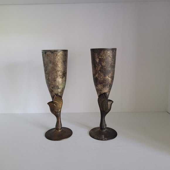 Vintage Heavy Plated Silver Egyptian Revival Bird Toasting Goblets - set of two - Picture 5 of 12